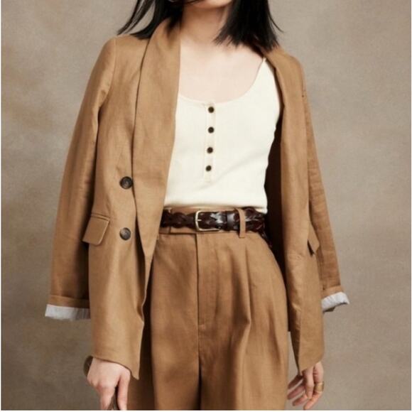 Banana Republic Blazer Tan Iced Latte Linen Double Breasted Academia Classic - Picture 2 of 10